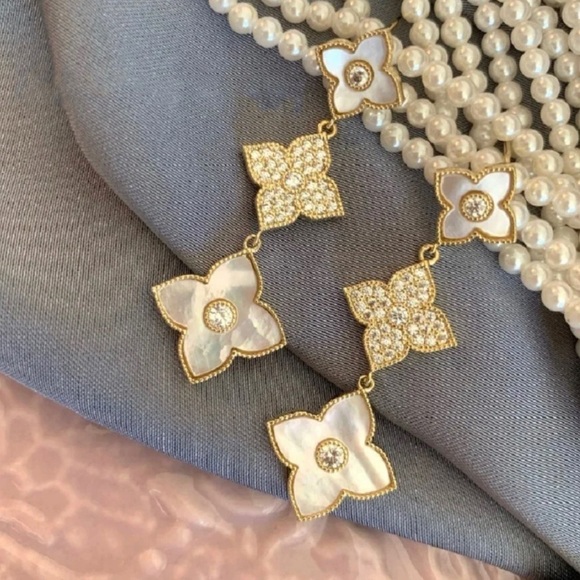 Moon Goddess Emporium Jewelry - Gold Plated Flower/ Clover Drop Dangle Earrings with Zircon and Shell Inlays